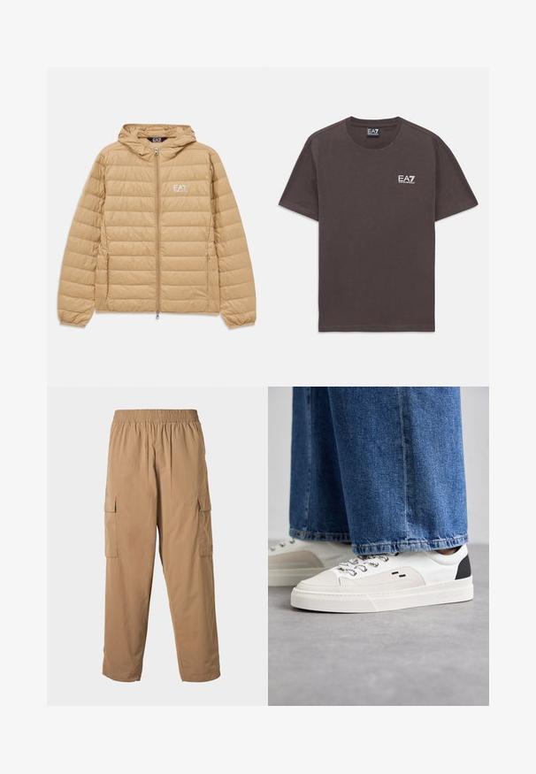Veste à capuche matelassée marron clair avec fermeture éclair sur le devant et logo EA7 Emporio Armani sur la poitrine gauche.; T-shirt à col rond gris foncé à manches courtes avec un petit logo blanc EA7 Emporio Armani sur la poitrine gauche et une étiquette au cou.; Pantalons cargo beiges avec une taille élastique, dotés de plusieurs poches latérales et d'une texture légère et lisse. Design à jambe droite.; Baskets blanches et noires avec une tige en cuir lisse, des accents texturés et une semelle épaisse blanche. Présentent un design classique à lacets.