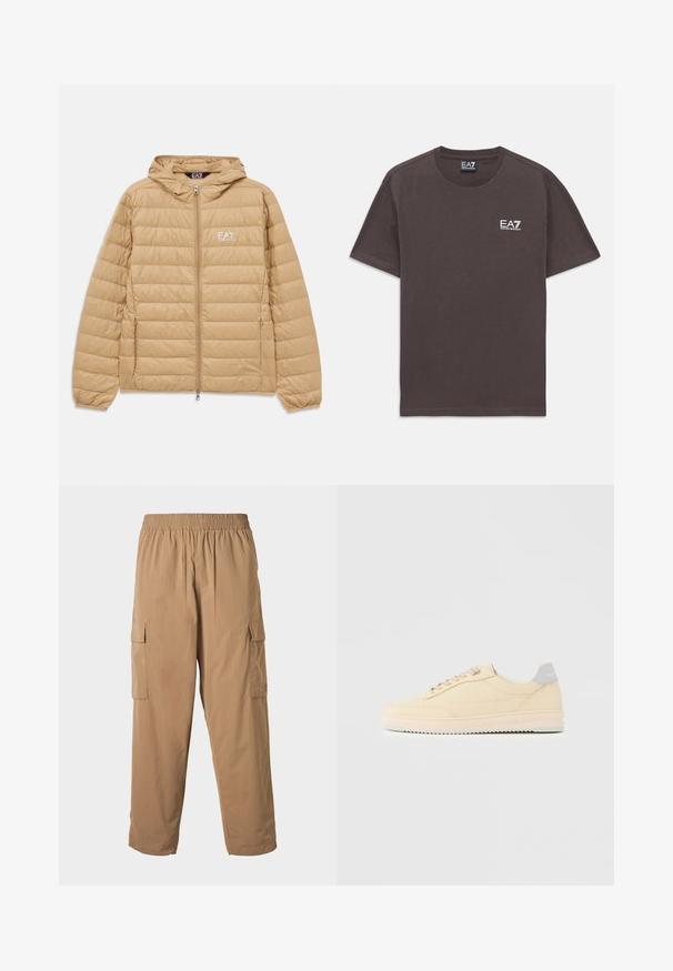 Veste à capuche matelassée marron clair avec fermeture éclair sur le devant et logo EA7 Emporio Armani sur la poitrine gauche.; T-shirt à col rond gris foncé à manches courtes avec un petit logo blanc EA7 Emporio Armani sur la poitrine gauche et une étiquette au cou.; Pantalons cargo beiges avec une taille élastique, dotés de plusieurs poches latérales et d'une texture légère et lisse. Design à jambe droite.; Baskets basses beige à lacets, semelle rose clair et languette grise à l'arrière marquée "Filling Pieces", vues de profil sur fond uni.