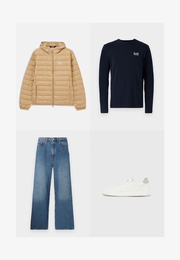 Chaqueta con capucha acolchada de color marrón claro, con cremallera frontal y el logo de EA7 Emporio Armani en el lado izquierdo del pecho.; Camiseta de manga larga azul marino de algodón, con cuello redondo y un pequeño logo blanco de EA7 en el lado izquierdo del pecho. Textura suave.; Jeans de denim azul de pernera ancha con un diseño clásico de cinco bolsillos, cierre frontal con botón y un ligero desgastado para dar textura.; Zapatilla blanca de corte bajo con pestaña en el talón gris, cordones blancos y suela texturizada, presentada sobre un fondo claro y liso.
