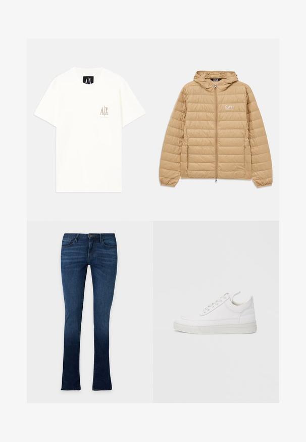 Hellbraune gesteppte Jacke mit Kapuze, Frontreißverschluss und EA7 Emporio Armani-Logo auf der linken Brust.; Weißes T-Shirt aus Baumwolle mit kurzen Ärmeln, das auf der Brust ein kleines, in Beige gesticktes Logo zeigt. Rundhalsausschnitt mit lockerer Passform.; Dunkelblaue Slim-Fit-Jeans mit leichtem Ausbleichen, fünf Taschen, Knopfverschluss und Gürtelschlaufen, dargestellt auf einem schlichten hellen Hintergrund.; Weißer Ledersneaker mit abgerundetem Zehenbereich, flacher Sohle und Schnürverschluss. Verfügt über Nahtdetails und einen gepolsterten Kragen für zusätzlichen Komfort.