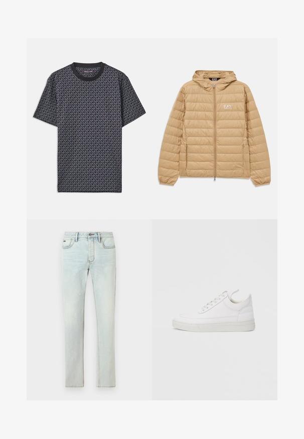 Veste à capuche matelassée marron clair avec fermeture éclair sur le devant et logo EA7 Emporio Armani sur la poitrine gauche.; T-shirt noir à manches courtes avec un motif géométrique « MK » en all-over, col rond côtelé et un tissu doux et texturé.; Jean en denim bleu clair à coupe droite, cinq poches et détails légèrement usés, avec des coutures contrastantes et une fermeture par bouton.; Baskets en cuir blanc avec un embout arrondi, une semelle plate et un laçage à l'avant. Présentent des détails de couture et un col rembourré pour plus de confort.