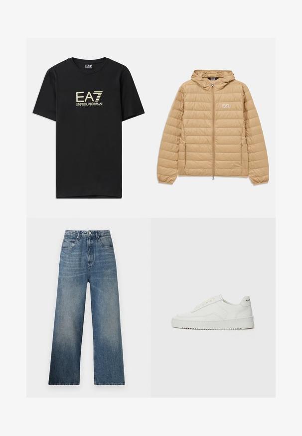 Svetlohnedá prešívaná bunda s kapucňou a predným zipsom, s logom EA7 Emporio Armani na ľavej hrudi.; Čierne bavlnené tričko s pozláteným logom EA7 Emporio Armani na hrudi. Krátke rukávy a okrúhly výstrih.; Modré rifľové nohavice s širokými nohavicami a vysokým pásom, s jemným zosvetlením, piatimi vreckami a kovovým zapínaním vpredu.; Biele kožené tenisky s hladkým povrchom, okrúly špičkový dizajn, ploché šnúrky a textúrovaná podrážka. Obsahujú jemné logo na päte.
