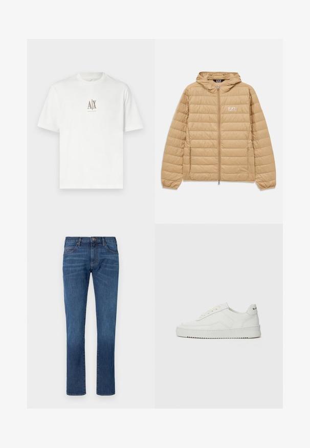 Hellbraune gesteppte Jacke mit Kapuze, Frontreißverschluss und EA7 Emporio Armani-Logo auf der linken Brust.; Weißes Baumwoll-T-Shirt mit Rundhalsausschnitt. Mit einem kleinen beigen Logo "A|X" und "ARMANI EXCHANGE" darunter. Kurze Ärmel, normale Passform.; Blaue Jeans aus Denim mit geradem Bein, ausgestattet mit klassischem Fünf-Taschen-Design und Knopfverschluss. Dezentes Ausbleichen über der Stoffstruktur.; Weiße Ledersneaker mit glatter Oberfläche, runder Zehenpartie, flachen Schnürsenkeln und strukturiertem Sohlenprofil. Mit einem dezenten Logo an der Ferse.