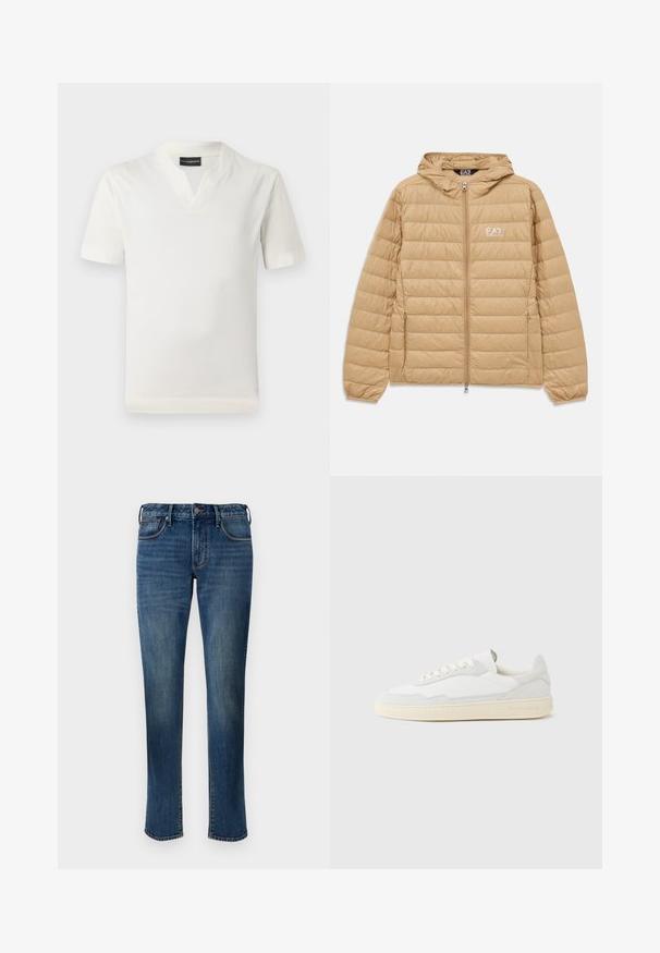 Kergelt pruunist õmblustatud kapuutsiga jakk, millel on ees lukk ja EA7 Emporio Armani logo vasakul rinnal.; Valge lühikeste varrukatega t-särk V-kaelusega ja pehme tekstuuriga. Lihtne, sirge lõige ilma mustrite või täiendavate aktsentideta.; Keskmise sinise pesuga denim teksad. Omab sirget jala disaini, viit taskut, ees olevat tõmblukk ja kontrastset õmblust.; Valge tennisejalanõu, mille ülemine osa on valmistatud tekstuurse seemisnahast ja nahast. Omab ümarat ninaosa, paeltega sulgurit ja kontrastset beeži kummist tallaga.