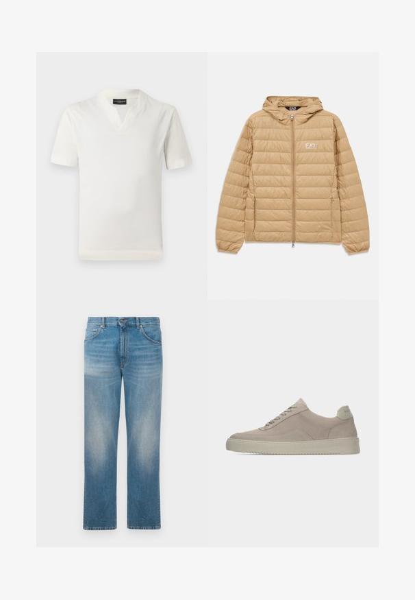 Lichtbruin gewatteerd jack met capuchon, voorzien van een ritssluiting aan de voorkant en het EA7 Emporio Armani-logo op de linkerborst.; Witte t-shirt met korte mouwen en een v-hals ontwerp, gemaakt van een zachte stof. Eenvoudige, rechte snit zonder patronen of extra accenten.; Rechtaf deze blauwe denim jeans met vervaagde vlekken op de bovenbenen en knieën, met een klassieke vijf-pocketontwerp en knoopsluiting.; Beige suède sneakers met een gestructureerde afwerking, ronde neus en tonale veters. Voorzien van een dikke rubberen zool en subtiele branding op de hiel.