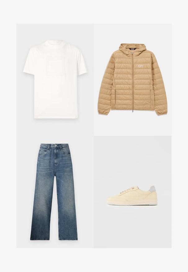 Lichtbruin gewatteerd jack met capuchon, voorzien van een ritssluiting aan de voorkant en het EA7 Emporio Armani-logo op de linkerborst.; Witte T-shirt met korte mouwen van gladde katoen met een gestructureerd vierkant logo op de voorkant. Ronde halslijn en een relaxte pasvorm.; Blauwe denim wijdgerande jeans met een hoge taille, voorzien van subtiele vervaging, vijf zakken en een metalen knoopsluiting aan de voorkant.; Beige lage sneaker met veters aan de voorkant, lichtroze zool en een grijze hieltab met het merk "Filling Pieces", zijaanzicht op een effen achtergrond.