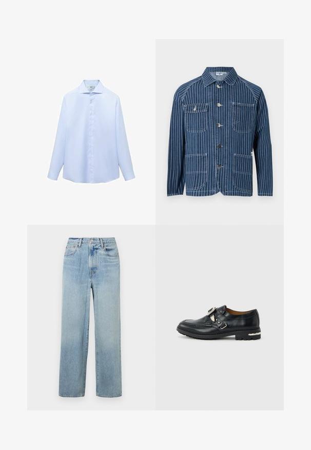 Chaqueta vaquera azul con rayas blancas verticales, cuatro bolsillos delanteros y cierres de botones metálicos en el centro.; Camisa de manga larga azul clara en un tejido suave, con cuello puntiagudo y botonera completa con botones blancos. Sin estampados ni acentos.; Jeans de mezclilla de pierna recta de color azul claro, con una cintura alta, que cuentan con cinco bolsillos y un sutil desvanecimiento. Dobladillo sin rematar y detalles de costura en contraste.; Mocasín negro de cuero con hebilla plateada y detalles metálicos en forma de ala, suela gruesa con dibujo texturizado y detalle plateado en el talón.