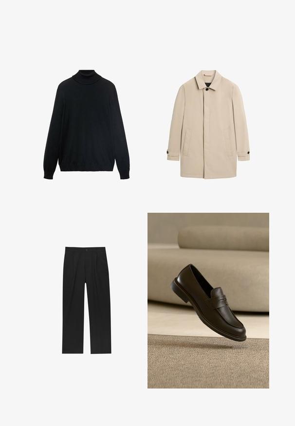 Beige enkeltbrystet herrefrakke med krave, to forlommer og manchetter med knapper, vist på hvid baggrund.; Sort turtleneck sweater med en tætsiddende krave, lange ærmer og ribbede manchetter og kant. Lavet af blødt, strækbart stof med en glat tekstur.; Sorte bukser med lige ben, lavet af et glat stof. Har frontfolder og en enkelt knaplukning i taljen.; En enkelt mørkebrun læderloafer svæver over et beige, tekstureret tæppe, med en sløret beige sofa i baggrunden.