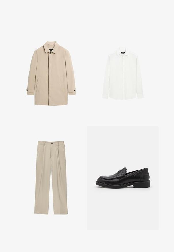 Manteau beige pour homme à simple boutonnage avec col, deux poches avant et poignets boutonnés, présenté sur fond blanc.; Chemise blanche à manches longues boutonnée avec col classique et poignets, design uni, présentée sur fond blanc.; Pantalon beige à coupe droite, doté d'un seul bouton noir, de passants de ceinture et de poches latérales. Texture de tissu lisse et design minimaliste.; Mocassins en cuir noir avec un bout arrondi, des coutures ton sur ton et un détail de sangle à l'avant. Semelle en caoutchouc avec un petit talon.