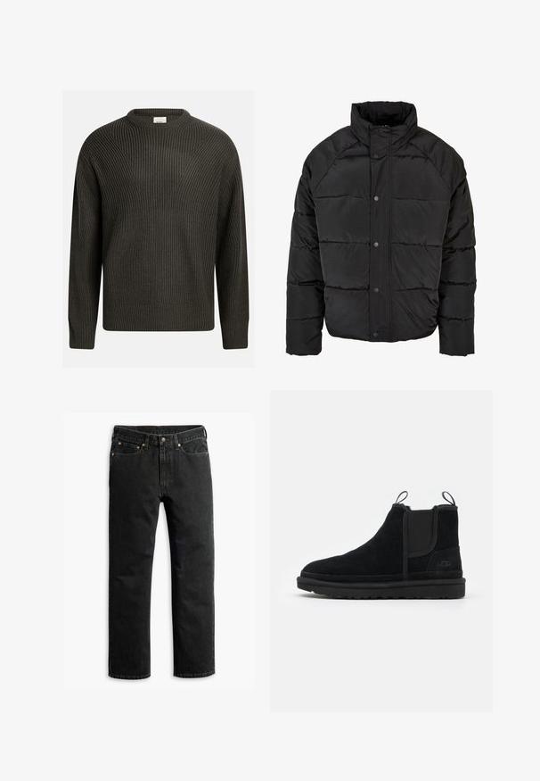 Sort pufferjakke med høj krave, quiltet mønster, trykknapper og brede ærmer for isolering og varme.; Mørkegrøn, tykk strikket sweater med rund halsudskæring, sænkede skuldre og struktureret mønster hele vejen rundt. Ribbet manchetter og kant.; Sorte lige ben denim jeans med fem lommer, bæltestropper og en knaplukning i taljen, lagt fladt på en hvid baggrund.; Sorte ruskind ankelstøvler med elastiske sidepaneler, dobbelt trækstropper og en tekstureret gummisål. Har diskret branding på siden.