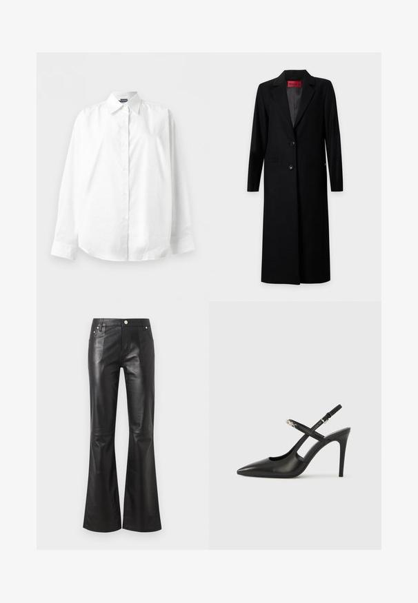 Long manteau noir à simple boutonnage avec deux boutons, revers crantés, poches latérales et une étiquette intérieure rouge.; Chemise blanche à manches longues avec col pointu, boutonnée, présentée à plat sur un fond blanc uni.; Pantalon taille haute en simili cuir noir avec jambes évasées, fermeture devant par bouton et fermeture éclair, poches devant et derrière.; Escarpins slingback en cuir noir avec bout pointu, design ajouré et bride ajustable ornée de ferrures métalliques.