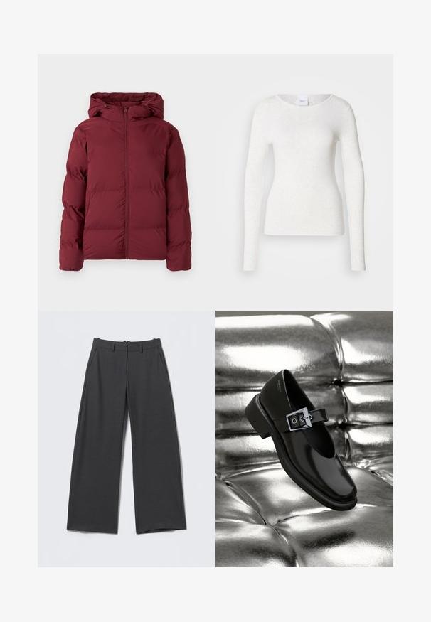 Doudoune bordeaux avec fermeture éclair à l'avant et capuche, conçue pour la chaleur et la protection contre le froid, présentée sur fond blanc.; T-shirt blanc à manches longues en tissu doux et léger avec un col rond et une coupe ajustée, présentant une texture subtile.; Pantalon gris foncé à jambes larges avec fines rayures verticales, passants de ceinture, poches latérales et fermeture éclair à l'avant.; Chaussure Mary Jane en cuir noir avec un bout carré, un accent de boucle en argent et un talon bas épais, sur un fond argenté brillant.