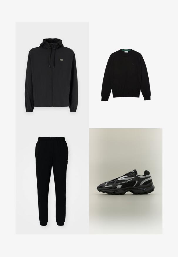 Zwarte zip-up jas met een capuchon, gemaakt van lichtgewicht materiaal. Heeft elastische manchetten en een klein groen logo op de linkerborst.; Zwarte ronde hals trui van katoen, met ribbels aan de mouwen en onderkant, met een klein zwart Lacoste-logo op de borst.; Zwarte trainingsbroek met een elastische tailleband en boorden. Gemaakt van zachte stof, met een klein logo aan de linkerbovenkant.; Zwarte en zilveren Lacoste-sneaker met een bovenwerk van mesh en synthetisch materiaal, ronde neus, gestructureerde zool en merkdetails aan de zijkant op een neutrale achtergrond.