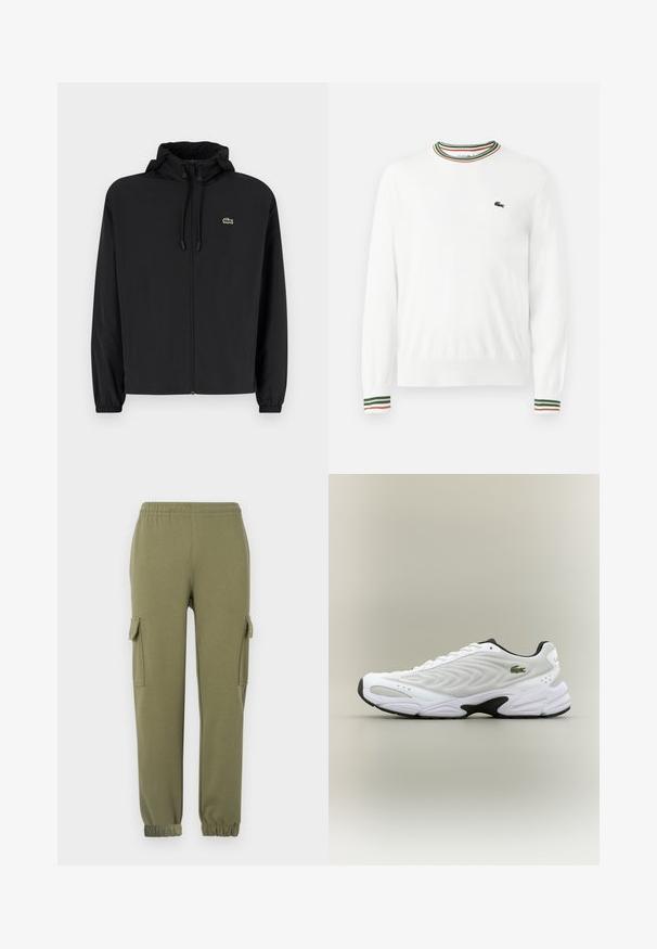 Mustmust jacket, millel näpsuga, kergest materjalist. Omab elastseid mansette ja väikest rohelist logo vasakul rinnal.; Valge sviiter, millel on ümmargune kaelus ja rohelised, punased ning oranžid triibud kaeluse ja varrukate ääres. Rinnal Lacoste logo.; Olive roheline kerge kangaga cargo püksid, mis on varustatud küljetaskutega, elastse taljega ja kitsenevate sääreotstega, et pakkuda mugavat istuvust.; Valge sportlik king, millel on tekstureeritud võrgu pealisosa, kaardus disain ja kontrastne must tall. Külje peal on roheline tikandiga logo.