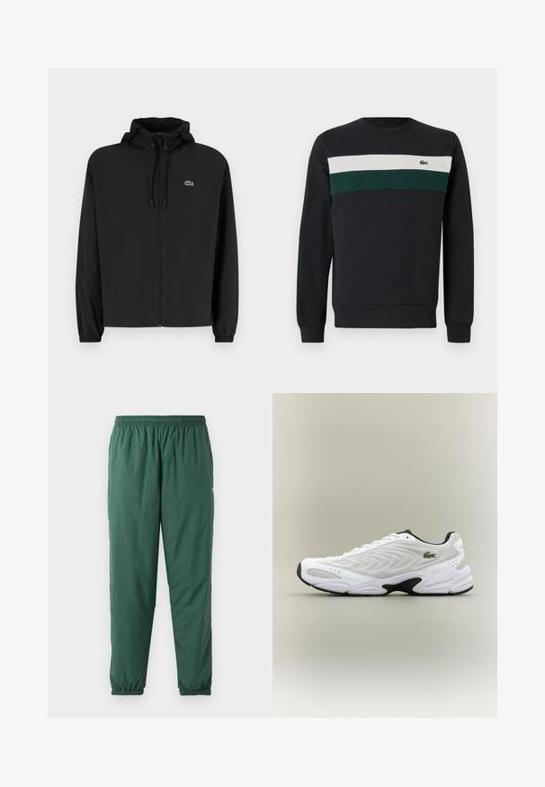 Zwarte zip-up jas met een capuchon, gemaakt van lichtgewicht materiaal. Heeft elastische manchetten en een klein groen logo op de linkerborst.; Donkere sweatshirt met een zwarte basis, voorzien van groene en witte horizontale strepen op de borst en een klein geborduurd logo aan de linkerkant.; Groene, lichtgewicht, elastische broek met een geplooide tailleband en boorden, gemaakt van een gladde, waterafstotende stof.; Witte sportieve schoen met een textuur van gaas bovenwerk, gebogen ontwerp en contrasterende zwarte zool. Heeft een groen geborduurd logo aan de zijkant.