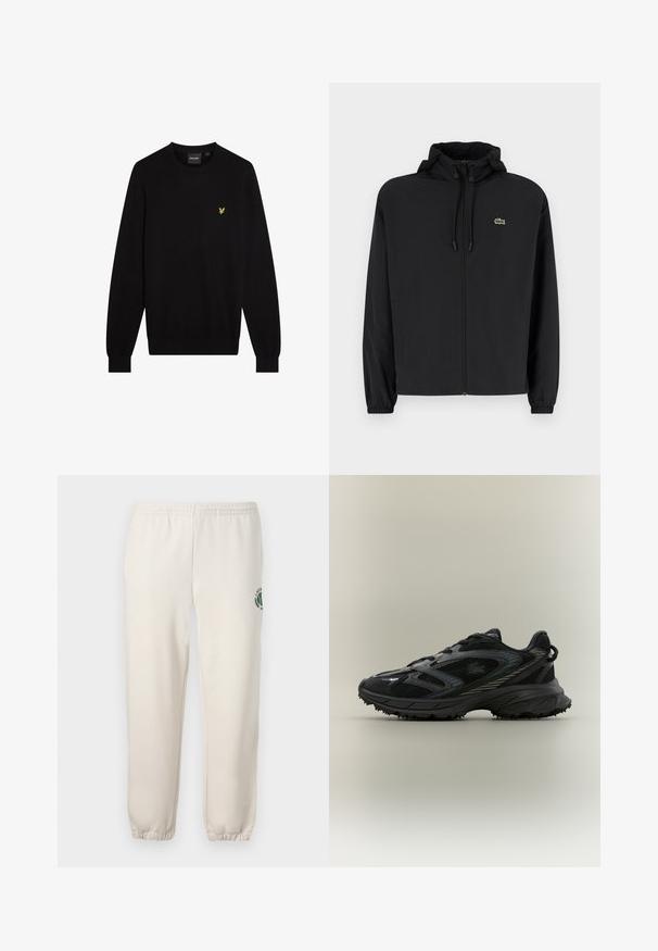 Zwarte zip-up jas met een capuchon, gemaakt van lichtgewicht materiaal. Heeft elastische manchetten en een klein groen logo op de linkerborst.; Zwarte trui van zachte stof, met een ronde halslijn en lange mouwen. Klein geel geborduurd logo op de linkerborst.; Lichtbeige sweatpants van katoen, met een elastische tailleband, geribde boorden en een groen logo met een bladerenontwerp op het linkerpand.; Zwarte sportieve schoen met meshpanelen, een gestructureerde zool, veters en een gebogen silhouet met zilveren accenten aan de zijkanten.