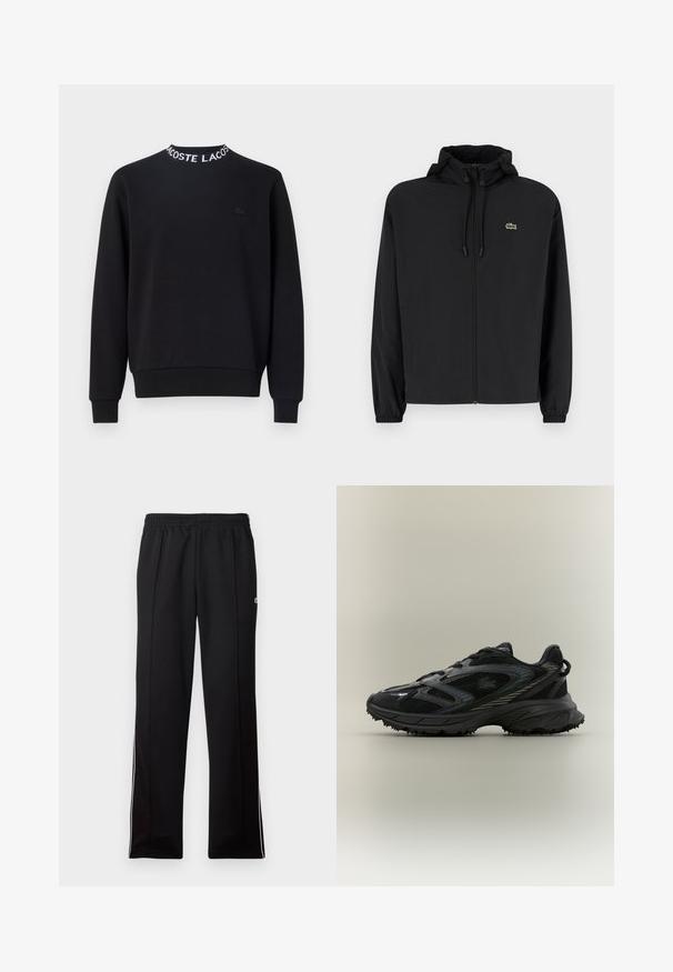 Schwarze Zip-Jacke mit Kapuze, aus leichtem Material hergestellt. Verfügt über elastische Bündchen und ein kleines grünes Logo auf der linken Brust.; Schwarzer Hoodie mit rundem Halsausschnitt und weißem "LACOSTE"-Schriftzug, gerippten Bündchen und Saum sowie einem kleinen schwarzen Logo auf der Brust.; Schwarze, knöchellange Sporthosen mit elastischem Bund und weißen Seitenstreifen, versehen mit einem kleinen grünen Logo auf der oberen Seite.; Schwarzer Sportschuh mit Netz панели, einer strukturierten Sohle, Schnürsenkeln und einer geschwungenen Silhouette mit silbernen Akzenten an den Seiten.