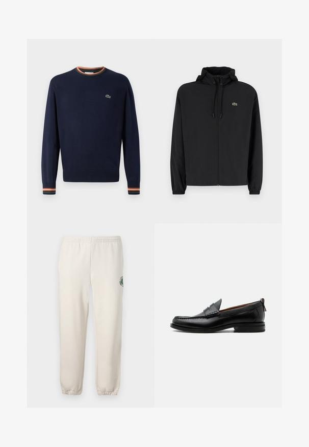 Čierna mikina na zips s kapucňou, vyrobená z ľahkého materiálu. Má elastické manžety a malú zelenú značku na ľavej hrudi.; Námornícko modrý sveter s okrúhlym výstrihom, rebrovanými manžetami s pruhmi v zelenej, oranžovej a bielej farbe a malým vyšitým logom na hrudi.; Svetlo béžové tepláky z bavlny s elastickým pásom, rebrovanými manžetami a zeleným logom s dizajnom listu na ľavej nohe.; Čierny kožený pánsky mokasín s prešitím moc toe, penny remienkom, textúrovaným golierom a nízkym vrstveným podpätkom na bielom pozadí.