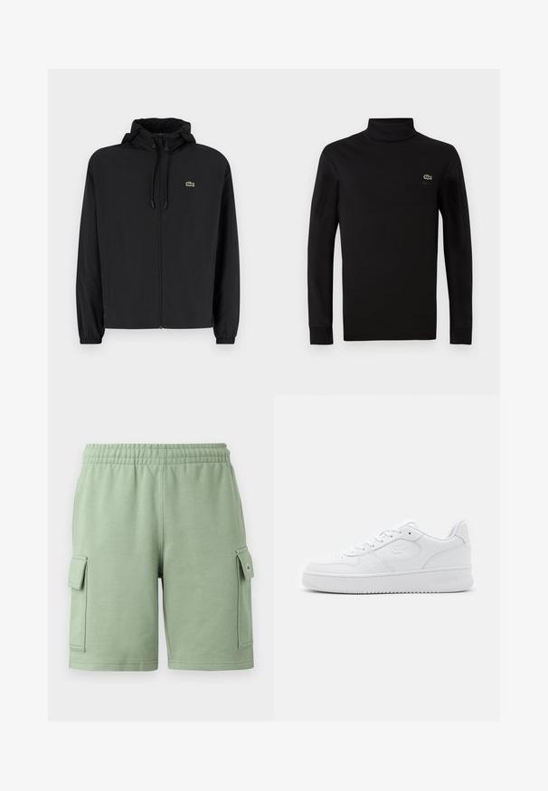Zwarte zip-up jas met een capuchon, gemaakt van lichtgewicht materiaal. Heeft elastische manchetten en een klein groen logo op de linkerborst.; Zwarte turtleneck met lange mouwen, gemaakt van een gladde katoenstof, met een klein groen krokodillogo op de linkerborst.; Groene katoenen shorts met een elastische tailleband, twee zijvakjes en een klein logo op de linker broekzak.; Witte leren sneaker met geperforeerde neus, platte veters en gevoerde kraag. Voorzien van een geperst logo aan de zijkant en een getextureerde rubberen zool.