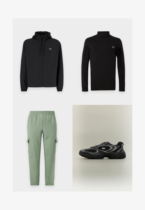 Veste noire à fermeture éclair avec capuche, fabriquée en matériau léger. Présente des poignets élastiques et un petit logo vert sur la poitrine gauche.; Pull à col montant noir à manches longues en coton lisse, avec un petit logo crocodile vert sur la poitrine gauche.; Pantalons de survêtement vert clair avec une taille élastique, des jambes fuselées et deux poches cargo latérales. Fabriqués en tissu doux et respirant.; Baskets de sport noires et grises avec des panneaux en mesh, un design à lacets, une semelle épaisse et un petit logo de crocodile sur le côté.