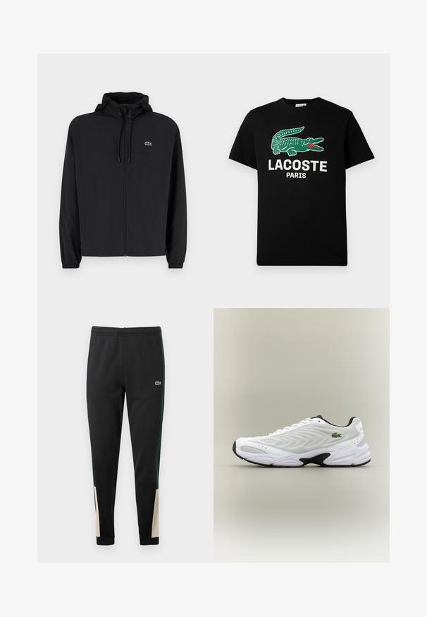 Chaqueta negra con cremallera y capucha, hecha de material ligero. Cuenta con puños elásticos y un pequeño logo verde en el lado izquierdo del pecho.; Camiseta de algodón negra con un logo de cocodrilo verde y el texto "LACOSTE PARIS" en blanco. Manga corta y cuello redondo clásico.; Pantalones de chándal negros con franjas laterales verdes y acentos beiges en los puños. Cintura elástica y logo de Lacoste en la parte frontal. Textura suave.; Zapatilla deportiva blanca con parte superior de malla texturizada, diseño curvado y suela exterior negra en contraste. Presenta un logo verde bordado en el lateral.