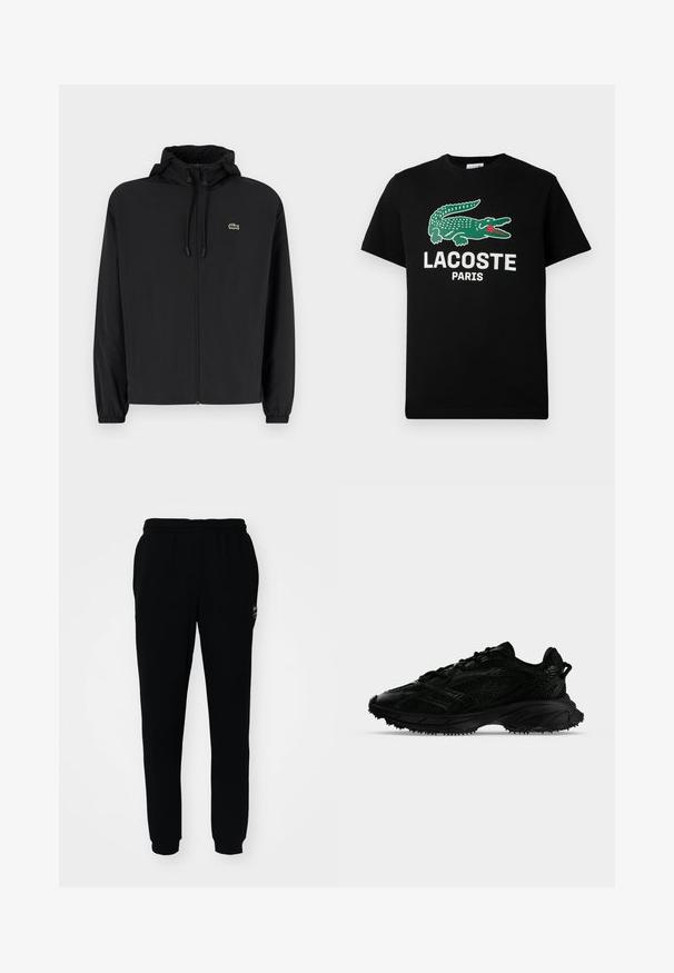 Schwarze Zip-Jacke mit Kapuze, aus leichtem Material hergestellt. Verfügt über elastische Bündchen und ein kleines grünes Logo auf der linken Brust.; Schwarzes Baumwoll-T-Shirt mit grünem Krokodil-Logo und dem Text "LACOSTE PARIS" in Weiß. Kurze Ärmel und klassischer Rundhalsausschnitt.; Schwarze Jogginghose mit elastischem Bund und Bündchen. Aus weichem Stoff gefertigt, mit einem kleinen Logo auf der oberen linken Seite.; Schwarzer Sportschuh mit strukturiertem Mesh und synthetischen Überzügen, dicker Sohle mit Profil und Zuglasche an der Ferse, von der Seite auf weißem Hintergrund gezeigt.