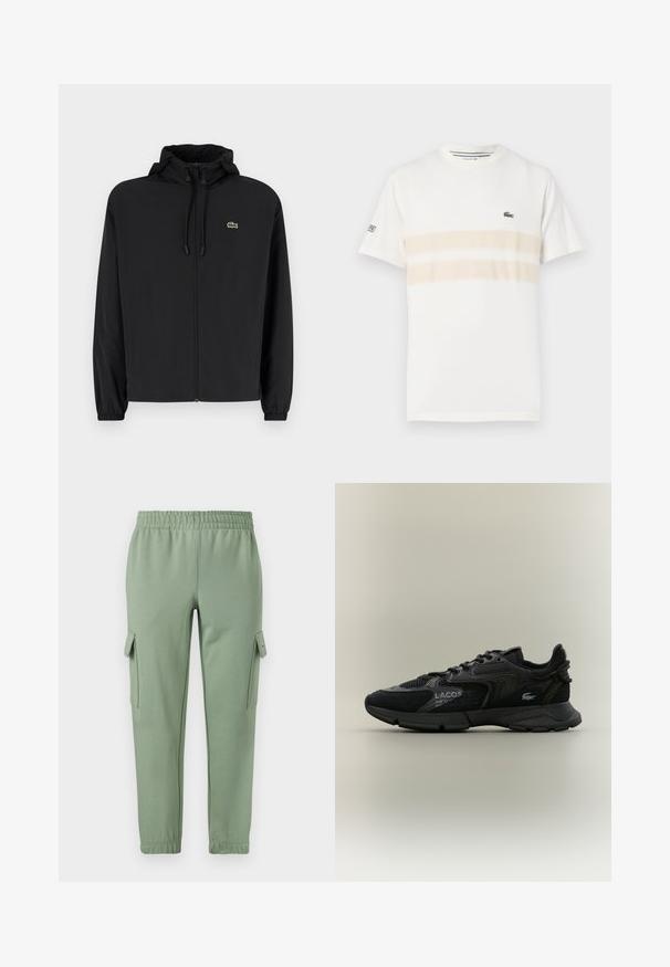 Chaqueta negra con cremallera y capucha, hecha de material ligero. Cuenta con puños elásticos y un pequeño logo verde en el lado izquierdo del pecho.; Camiseta de algodón blanca con dos franjas horizontales beige, pequeño logo bordado en el pecho y cuello redondo. Mangas cortas.; Pantalones de chándal verde claro con cintura elástica, piernas ajustadas y dos bolsillos laterales tipo cargo. Hechos de una tela suave y transpirable.; Zapatilla negra Lacoste con paneles de malla y ante, suela negra, cordones, logo y texto de coordenadas en el lateral sobre un fondo beige liso.