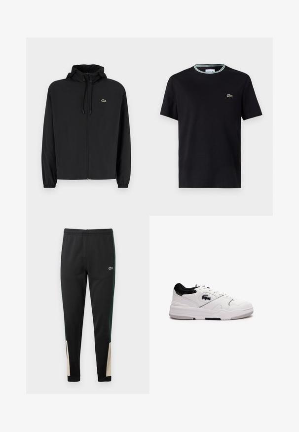 Zwarte zip-up jas met een capuchon, gemaakt van lichtgewicht materiaal. Heeft elastische manchetten en een klein groen logo op de linkerborst.; Zwarte katoenen t-shirt met ronde hals, voorzien van een witte en groene gestreepte afwerking en een geborduurd groen krokodillenlogo op de linkerborst.; Zwarte sweatpants met groene zijstrepen en beige accenten bij de boorden. Elastische tailleband en Lacoste-logo aan de voorkant. Glad textuur.; Witte sneaker met zwarte accenten, synthetisch materiaal, ronde neus, vetersluiting, gestructureerde bovenkant en rubberen zool met grippatroon.