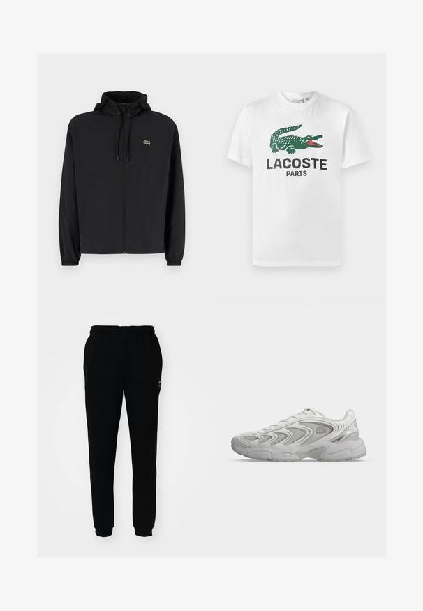 Schwarze Zip-Jacke mit Kapuze, aus leichtem Material hergestellt. Verfügt über elastische Bündchen und ein kleines grünes Logo auf der linken Brust.; Lacoste T-Shirt print - white; Schwarze Jogginghose mit elastischem Bund und Bündchen. Aus weichem Stoff gefertigt, mit einem kleinen Logo auf der oberen linken Seite.; Weißer Sportschuh mit wellenförmigen Mustern, Mesh-Einsätzen und dicker, gepolsterter Sohle, von der Seite auf hellem, einfarbigem Hintergrund gezeigt.
