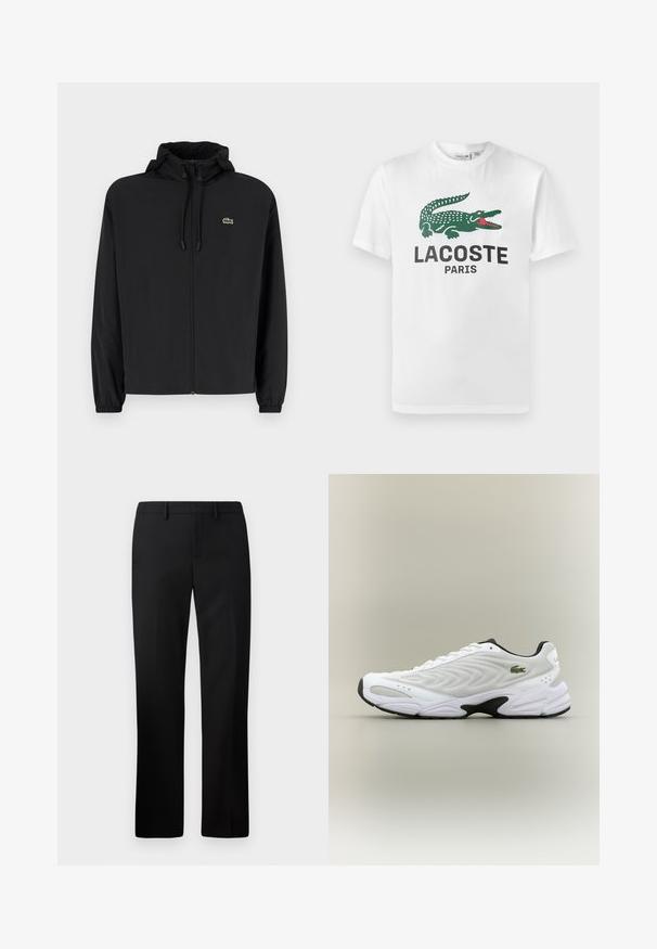 Veste noire à fermeture éclair avec capuche, fabriquée en matériau léger. Présente des poignets élastiques et un petit logo vert sur la poitrine gauche.; Lacoste T-shirt imprimé - white; Pantalons noirs ajustés avec une coupe droite, fabriqués à partir d'un tissu lisse. Caractéristiques : devant plat et taille mi-haute.; Baskets de sport blanches avec un dessus en mesh texturé, un design courbé et une semelle noire contrastante. Présente un logo brodé vert sur le côté.