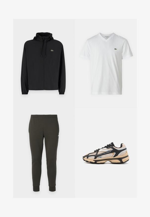 Veste noire à fermeture éclair avec capuche, fabriquée en matériau léger. Présente des poignets élastiques et un petit logo vert sur la poitrine gauche.; T-shirt en coton blanc avec un col en V, des manches courtes et un petit logo de crocodile vert sur la poitrine gauche. Design simple et léger.; Jogging en vert foncé en tissu doux, avec une taille élastique, des poignets côtelés et un petit logo sur le côté.; Baskets Lacoste en noir, beige et argent. Comprend des matériaux en maille et synthétiques, un bout arrondi, des lacets et une semelle en caoutchouc texturée.