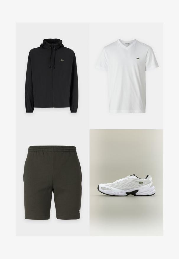 Veste noire à fermeture éclair avec capuche, fabriquée en matériau léger. Présente des poignets élastiques et un petit logo vert sur la poitrine gauche.; T-shirt en coton blanc avec un col en V, des manches courtes et un petit logo de crocodile vert sur la poitrine gauche. Design simple et léger.; Shorts vert foncé avec taille élastique en tissu doux. Présentent une coupe droite, des jambes ourlées et un petit logo sur le bas à droite.; Baskets de sport blanches avec un dessus en mesh texturé, un design courbé et une semelle noire contrastante. Présente un logo brodé vert sur le côté.