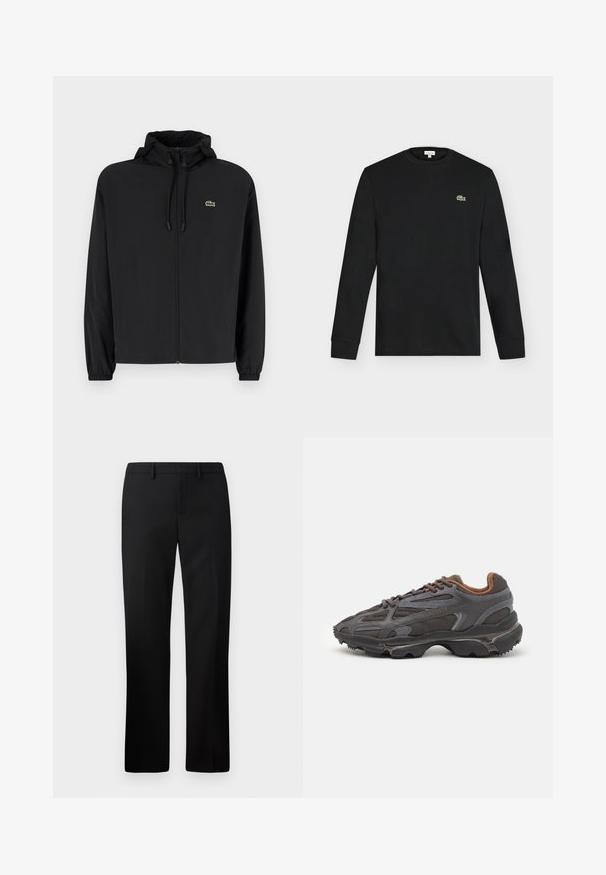 Schwarze Zip-Jacke mit Kapuze, aus leichtem Material hergestellt. Verfügt über elastische Bündchen und ein kleines grünes Logo auf der linken Brust.; Schwarzes Langarmshirt mit Rundhalsausschnitt und kleinem grünen Krokodil-Logo auf der linken Brust, vor einem einfarbigen hellen Hintergrund dargestellt.; Schwarze maßgeschneiderte Hosen mit geradem Beinschnitt, hergestellt aus glattem Stoff. Merkmale sind ein flacher Bund und ein mittelhoher Taillenbund.; Lacoste Sneaker in Dunkelgrau aus Mesh und Synthetikmaterial, mit einer strukturierten Sohle und braunen Akzenten am Kragen und Logo.