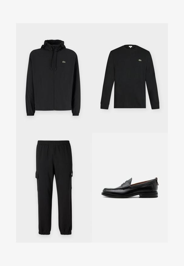 Schwarze Zip-Jacke mit Kapuze, aus leichtem Material hergestellt. Verfügt über elastische Bündchen und ein kleines grünes Logo auf der linken Brust.; Schwarzes Langarmshirt mit Rundhalsausschnitt und kleinem grünen Krokodil-Logo auf der linken Brust, vor einem einfarbigen hellen Hintergrund dargestellt.; Schwarze Sweatpants mit einem elastischen Bund, schmal zulaufenden Bündchen und seitlichen Cargo-Taschen. Hergestellt aus weichem Material mit einer glatten Textur.; Schwarzer Leder-Herrenschuh mit Mokassinnaht, Penny-Riemen, strukturiertem Kragen und niedrigem gestapeltem Absatz auf weißem Hintergrund.