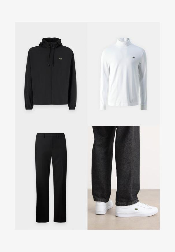 Zwarte zip-up jas met een capuchon, gemaakt van lichtgewicht materiaal. Heeft elastische manchetten en een klein groen logo op de linkerborst.; Witte lange mouw turtleneck shirt van zachte stof, met een klein groen geborduurd logo op de borst en aansluitende manchetten.; Zwarte op maat gemaakte broek met een rechte pijpdesign, gemaakt van gladde stof. Kenmerken zijn onder andere een platte voorkant en een middelhoge tailleband.; Witte leren sneakers met een laag profiel en een groen logo, gecombineerd met donkere spijkerbroek met gele stiksels.