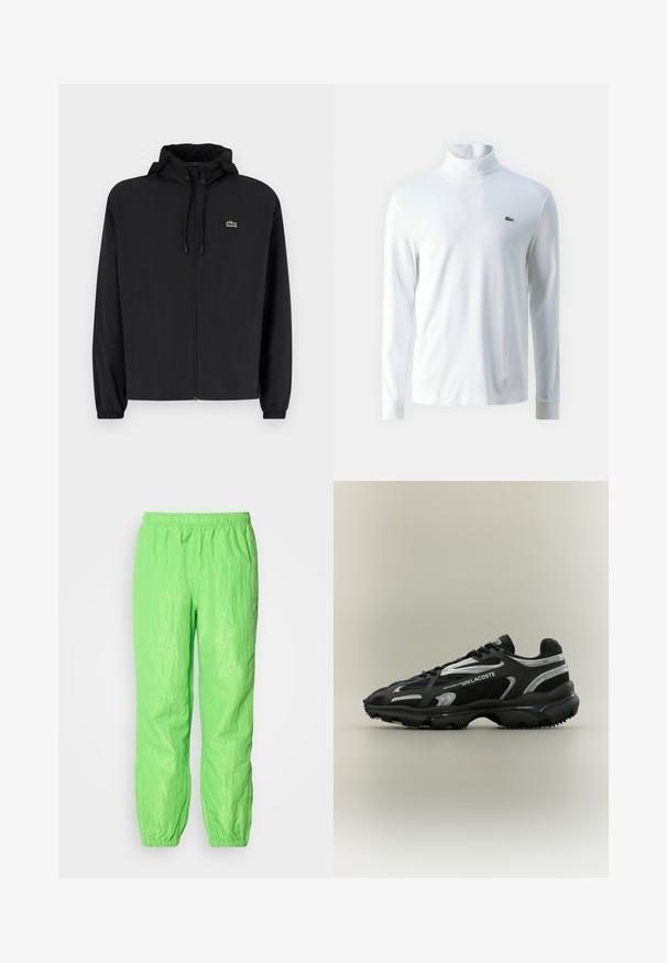 Mustmust jacket, millel näpsuga, kergest materjalist. Omab elastseid mansette ja väikest rohelist logo vasakul rinnal.; Valge pika varrukaga kõrge kaelusega särk, mis on valmistatud pehmest kangast, millel on rindkeres väike roheline broderi logo ja sobivad mansetid.; Neoonrohelised kerged püksid elastse vöökohtaga, millel on kergelt kortsus tekstuur ja kokku volditud varrukad pahkluudes.; Must musta ja hõbedane Lacoste'i tenniseking, millel on võrgutaoline ja sünteetiline ülemine osa, ümar nina, tekstuuriga tald ja bränditud detailid külgedel neutraalsel taustal.