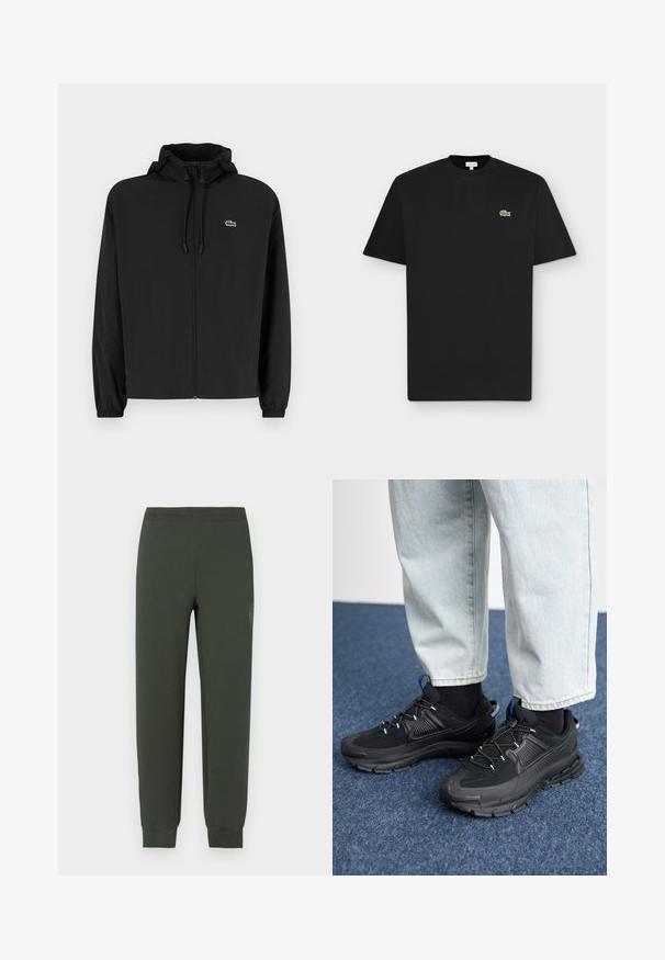 Mustmust jacket, millel näpsuga, kergest materjalist. Omab elastseid mansette ja väikest rohelist logo vasakul rinnal.; Must lühikeste varrukatega t-särk ümar kaelusega väikese rohelise krokodillilogo vasakul rinnal heledal hallil taustal.; Rohelised dressipüksid elastse vöö ja sääreotstega, millel on sile tekstuur ning toonitoonis logo vasakul reiel.; Mustad mustad jooksukingad, millel on tekstureeritud kangas ja kummist tallad, elastsed nöörid ning sinine aksent kandadel. Kandmine heledate teksadega.