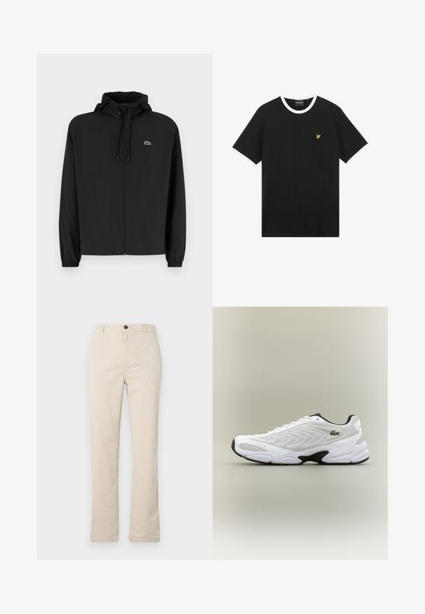 Sort zip-jakke med hætte, lavet af letvægtsmateriale. Har elastiske manchetter og et lille grønt logo på venstre bryst.; Sort T-shirt med hvid krave og ærmekanter, lavet af bomuld. Har en lille gul broderet ørnelogo på brystet.; Lyse beige bomuldsbukser med lige ben-design, der har en frontknaplukning, lynlåslukning og minimale syninger.; Hvide atletiske sko med tekstureret mesh-overdel, buet design og kontrasterende sort ydersål. Har en grøn broderet logo på siden.