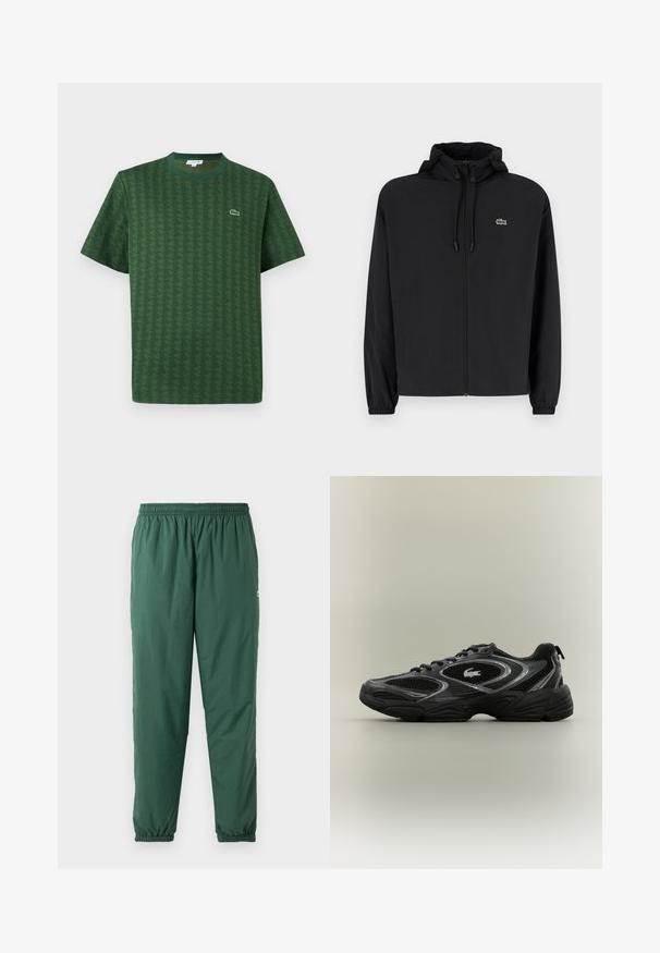 Čierna mikina na zips s kapucňou, vyrobená z ľahkého materiálu. Má elastické manžety a malú zelenú značku na ľavej hrudi.; Zelené tričko z bavlny s textúrovaným geometrickým vzorom. Má rebrovaný okrúhly výstrih a malé logo na hrudi.; Zelené, ľahké, elastické nohavice so sťahovacím pásom a manžetami, vyrobené z hladkého, vodoodpudivého materiálu.; Čierne a šedé atletické tenisky s sieťkovými panelmi, šnurovací dizajn, hrubá podrážka a malá krokodílová logo na boku.
