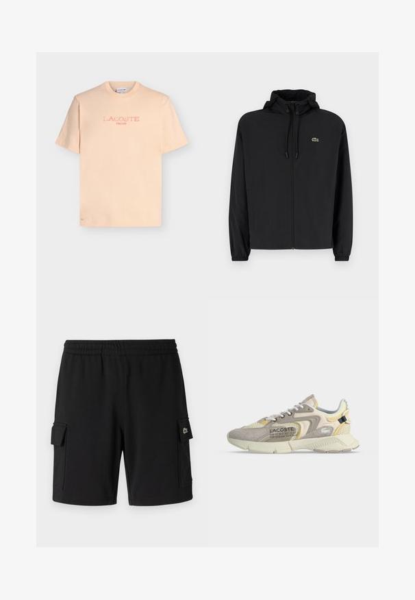 Veste noire à fermeture éclair avec capuche, fabriquée en matériau léger. Présente des poignets élastiques et un petit logo vert sur la poitrine gauche.; T-shirt à manches courtes couleur pêche clair avec «LACOSTE PARIS» imprimé en rose délavé sur le devant et un petit crocodile brodé près de l'ourlet.; Shorts noirs en tissu doux, dotés d'une taille élastique, de deux poches cargo latérales et d'une petite patch logo sur une poche.; Baskets Lacoste beige et crème avec des empiècements en mesh et en suède, lacets blancs et texte de marque sur le côté, vues du côté extérieur.