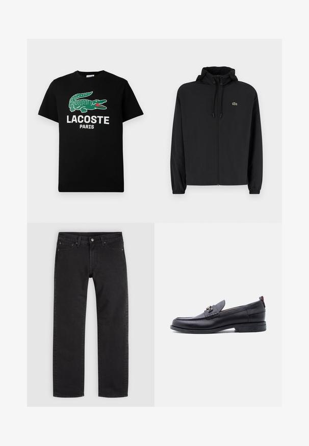 Čierna mikina na zips s kapucňou, vyrobená z ľahkého materiálu. Má elastické manžety a malú zelenú značku na ľavej hrudi.; Čierne bavlnené tričko s logom zeleného krokodíla a bielym textom "LACOSTE PARIS". Krátke rukávy a klasický okrúhly výstrih.; Čierne rifle s rovnými nohavicami, predným gombíkom a zipsom, pútkami na opasok a dizajnom s piatimi vreckami na jednoduchom svetlom pozadí.; Čierne kožené mokasíny so sivým štruktúrovaným priehlavkom, detailom so striebornou kovovou prackou, nízkym opätkom a pútkom vzadu.