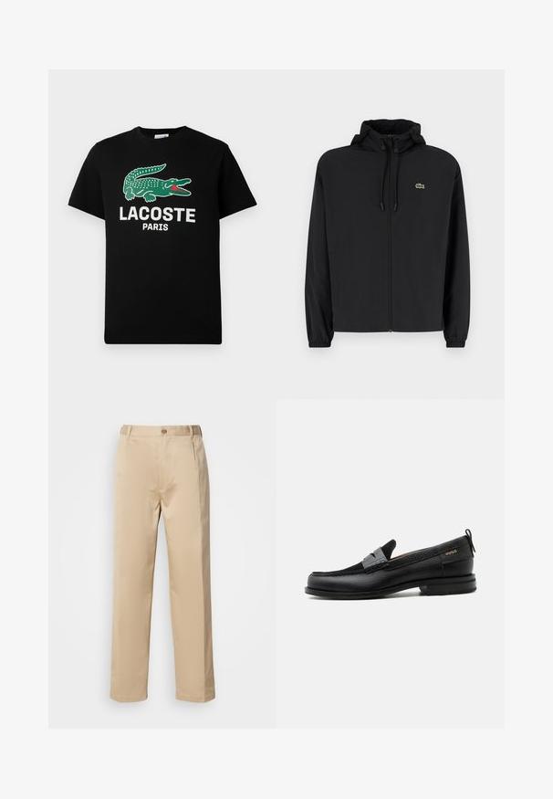 Čierna mikina na zips s kapucňou, vyrobená z ľahkého materiálu. Má elastické manžety a malú zelenú značku na ľavej hrudi.; Čierne bavlnené tričko s logom zeleného krokodíla a bielym textom "LACOSTE PARIS". Krátke rukávy a klasický okrúhly výstrih.; Béžové nohavice vyrobené z ľahkého materiálu, s rovnou nohavicou, pásom s pútkami na opasok a jedným predným zapínaním na gombík.; Čierny kožený mokasín so sivým remienkom, nízkym podpätkom a textúrovanou podrážkou, so značkou "HUGO" v zlatej farbe na boku.