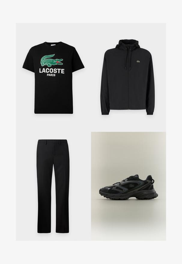 Veste noire à fermeture éclair avec capuche, fabriquée en matériau léger. Présente des poignets élastiques et un petit logo vert sur la poitrine gauche.; T-shirt en coton noir avec un logo de crocodile vert et le texte "LACOSTE PARIS" en blanc. Manches courtes et col rond classique.; Pantalons noirs ajustés avec une coupe droite, fabriqués à partir d'un tissu lisse. Caractéristiques : devant plat et taille mi-haute.; Chaussure de sport noire avec des panneaux en mesh, une semelle texturée, des lacets et une silhouette courbée avec des accents argentés sur les côtés.