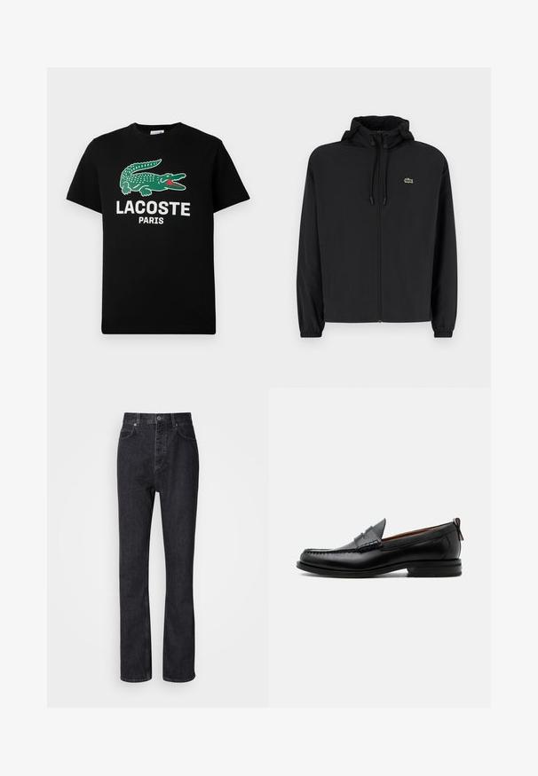 Čierna mikina na zips s kapucňou, vyrobená z ľahkého materiálu. Má elastické manžety a malú zelenú značku na ľavej hrudi.; Čierne bavlnené tričko s logom zeleného krokodíla a bielym textom "LACOSTE PARIS". Krátke rukávy a klasický okrúhly výstrih.; Vysoké čierne denims nohavice so zapínaním na gombík a zips, predné a zadné vrecká a rovný strih.; Čierny kožený pánsky mokasín s prešitím moc toe, penny remienkom, textúrovaným golierom a nízkym vrstveným podpätkom na bielom pozadí.