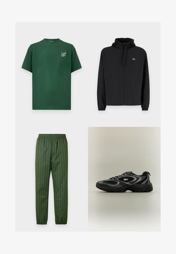 Čierna mikina na zips s kapucňou, vyrobená z ľahkého materiálu. Má elastické manžety a malú zelenú značku na ľavej hrudi.; Zelené bavlnené tričko s okrúhlym výstrihom, krátkymi rukávmi a bielym logom "Lacoste Paris" na ľavej strane hrude.; Zelené športové nohavice s elastickým pásom, zúženými nohavicami a celoplošným geometrickým vzorom. Vyrobené z ľahkého materiálu.; Čierne a šedé atletické tenisky s sieťkovými panelmi, šnurovací dizajn, hrubá podrážka a malá krokodílová logo na boku.