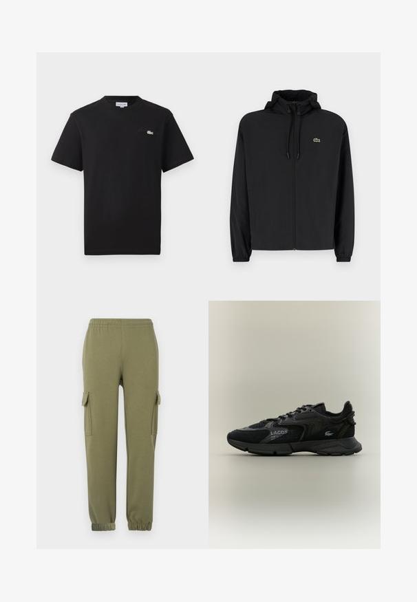 Mustmust jacket, millel näpsuga, kergest materjalist. Omab elastseid mansette ja väikest rohelist logo vasakul rinnal.; Must have mustriba T-särk, millel on ümmargune kaelus. Rinnal on väike rohelise ja valge värvi tikitud Lacoste logo. Lühikesed varrukad, tavaline istuvus.; Olive roheline kerge kangaga cargo püksid, mis on varustatud küljetaskutega, elastse taljega ja kitsenevate sääreotstega, et pakkuda mugavat istuvust.; Mustad musta Lacoste tossud, millel on võrgutooted ja sametpaneelid, must tald, nöörid, logo ja koordinaatide tekst küljel, selge beež taust.