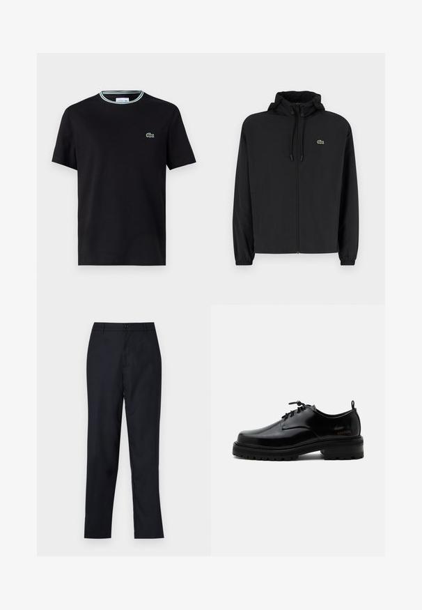 Schwarze Zip-Jacke mit Kapuze, aus leichtem Material hergestellt. Verfügt über elastische Bündchen und ein kleines grünes Logo auf der linken Brust.; Schwarzes Baumwoll-T-Shirt mit Rundhalsausschnitt, ausgestattet mit einem weißen und grünen Streifenrand und einem gestickten grünen Krokodil-Logo auf der linken Brust.; Marineblaue Hose aus glattem Stoff, mit geradem Beinschnitt, einem einzigen Knopfverschluss und dezenten vorderen Falten.; Schwarzer polierter Lederschnürschuh mit dicker Gummisohle und niedrigem Absatz, seitlichem Marken-Schriftzug "SAMSOE" und hinterer Zuglasche.