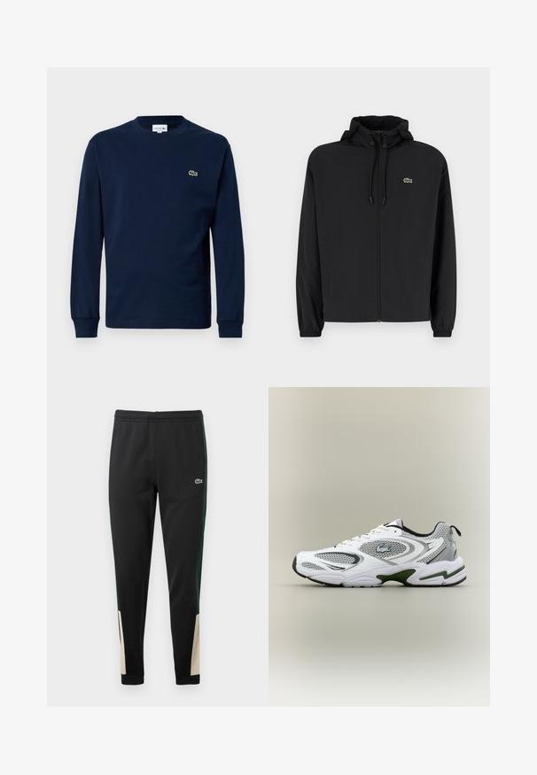 Zwarte zip-up jas met een capuchon, gemaakt van lichtgewicht materiaal. Heeft elastische manchetten en een klein groen logo op de linkerborst.; Marineblauw langemouwen t-shirt van katoen, met een ronde hals en een klein groen krokodil logo op de linkerborst.; Zwarte sweatpants met groene zijstrepen en beige accenten bij de boorden. Elastische tailleband en Lacoste-logo aan de voorkant. Glad textuur.; Witte en grijze sportieve hardloopschoen met meshpanelen, groene accenten, zwarte details en een logo aan de zijkant, getoond vanaf de buitenkant.