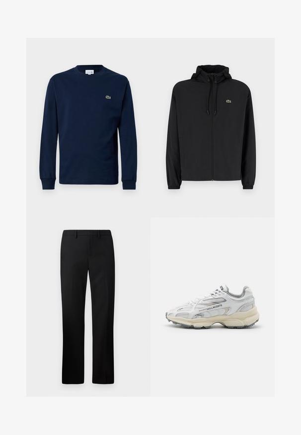 Sort zip-jakke med hætte, lavet af letvægtsmateriale. Har elastiske manchetter og et lille grønt logo på venstre bryst.; Marine langærmet t-shirt lavet af bomuld, med rund hals og et lille grønt krokodillelogo på venstre bryst.; Sorte skræddersyede bukser med lige ben-design, lavet af glat stof. Funktioner inkluderer en flad front og mid-rise talje.; Hvide sportssko med grå detaljer, overdel i mesh og syntetiske materialer, snørebåndsdesign og tekstureret gummisål med grebemønstre.
