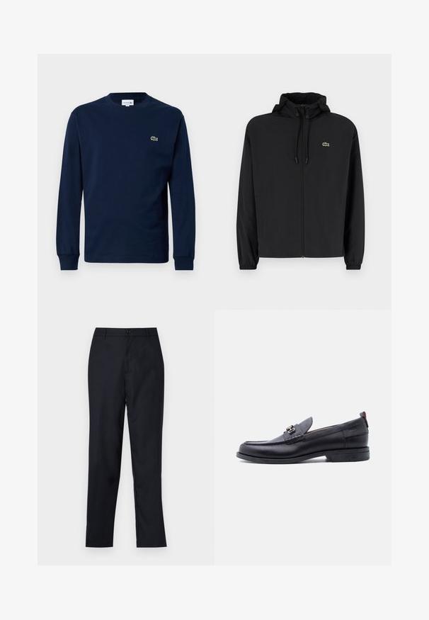 Mustmust jacket, millel näpsuga, kergest materjalist. Omab elastseid mansette ja väikest rohelist logo vasakul rinnal.; Tumesinine pika varrukatega T-särk, mis on valmistatud puuvillast, ümaralise kaelusega ja väikese rohelise krokodilli logoga vasakul rinnal.; Tumedad sinised püksid, mis on valmistatud siledast kangast, sirge jala kujundusega, ühe nööbi kinnitusega ja peente ees olevate voldikutega.; Mustast nahast mokassiin halli tekstuuriga pealse ja hõbedase metallist pandlaga, madala kontsaga ja tagant tõmblukuga.